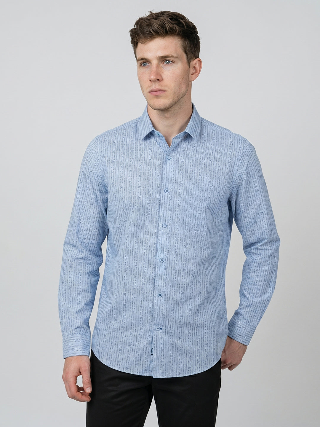 Men Sky Blue Printed Collar Full Sleeve Shirt
