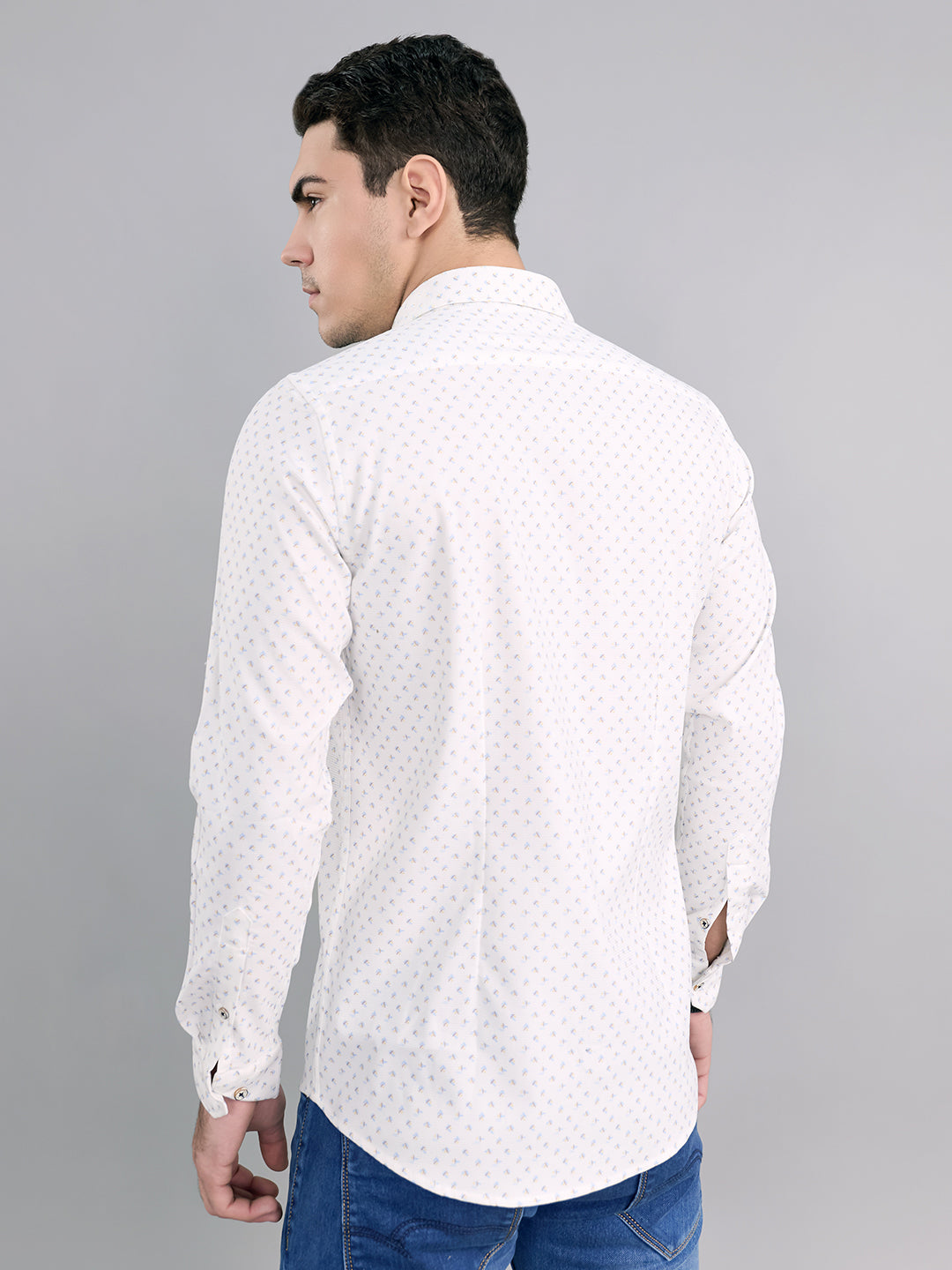 Men White Printed Collar Full Sleeve Shirt