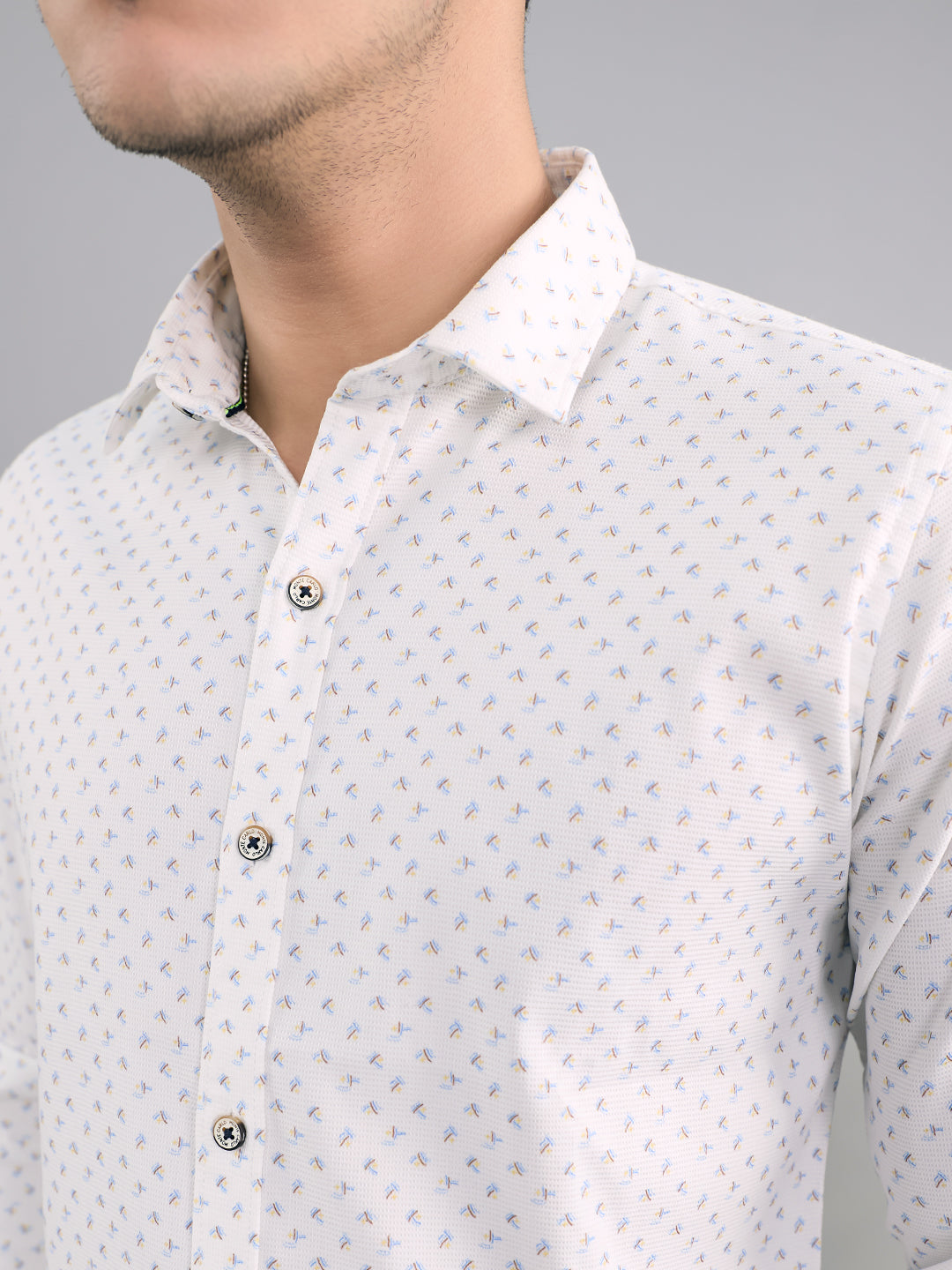 Men White Printed Collar Full Sleeve Shirt