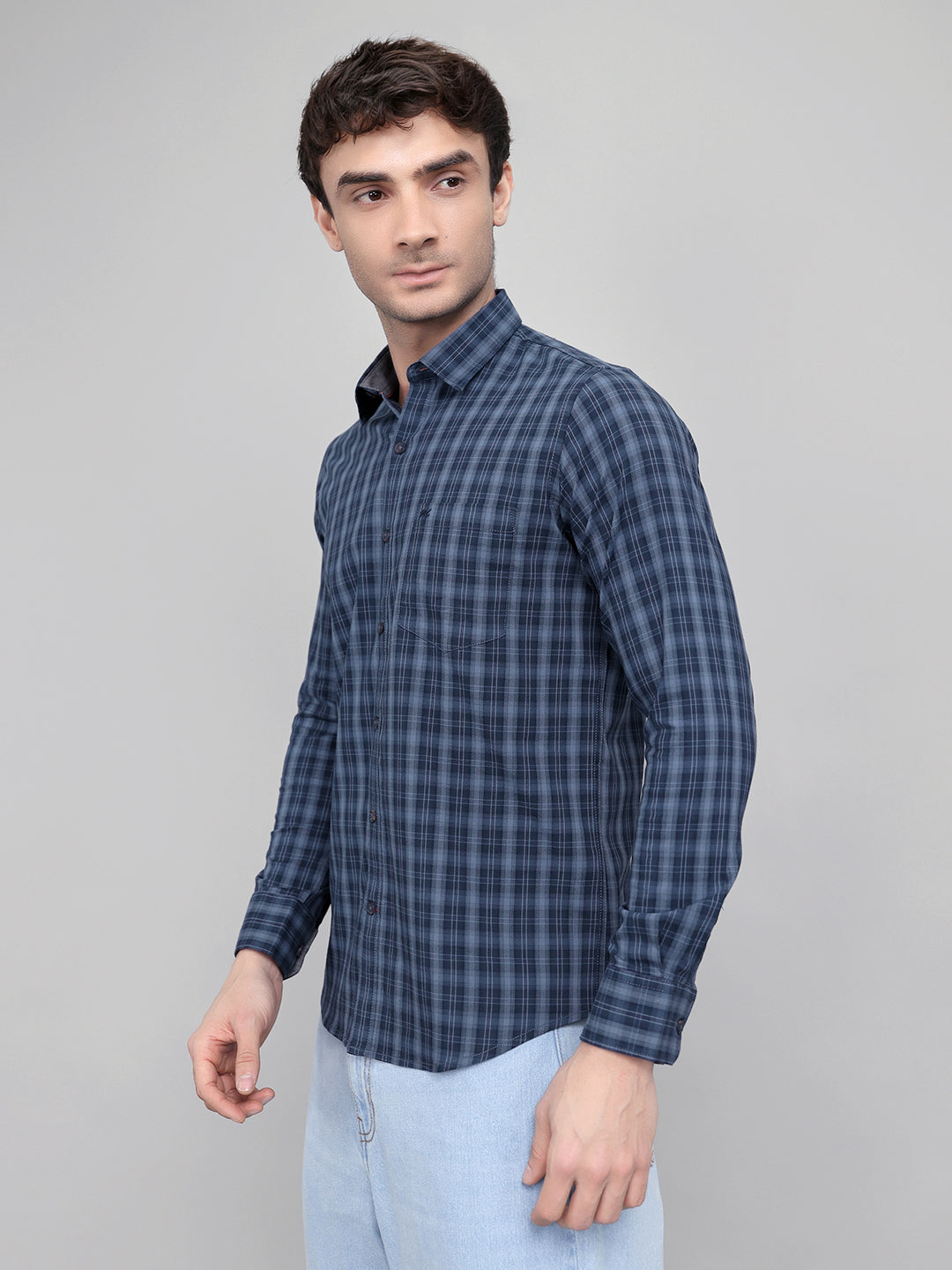 Men Dark Blue Check Collar Full Sleeve Shirt
