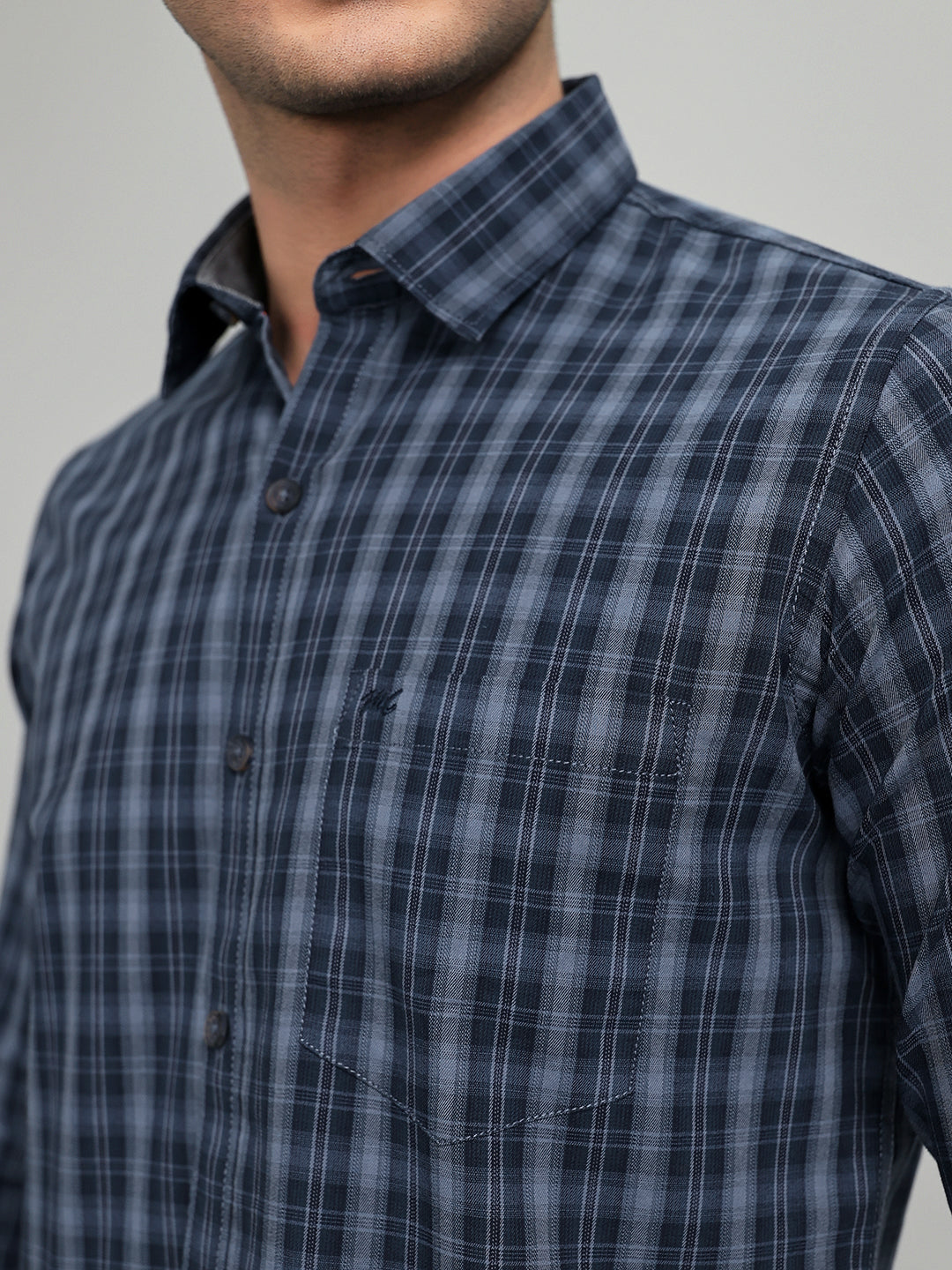 Men Dark Blue Check Collar Full Sleeve Shirt