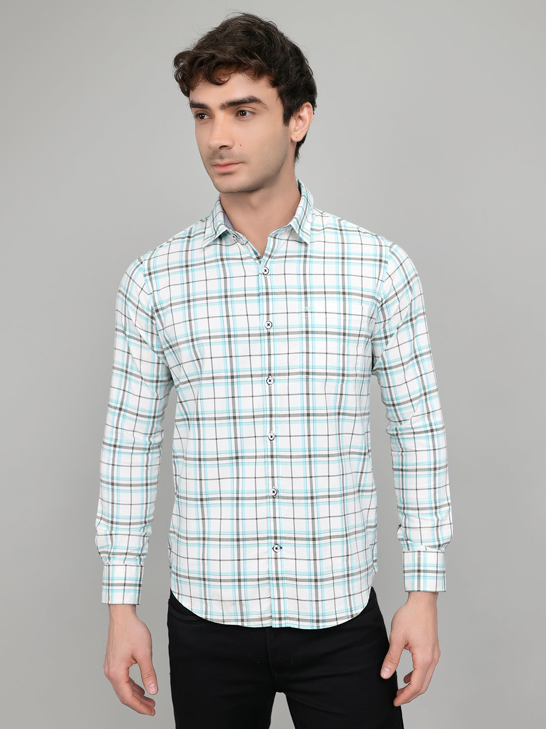 Men White Check Collar Full Sleeve Shirt