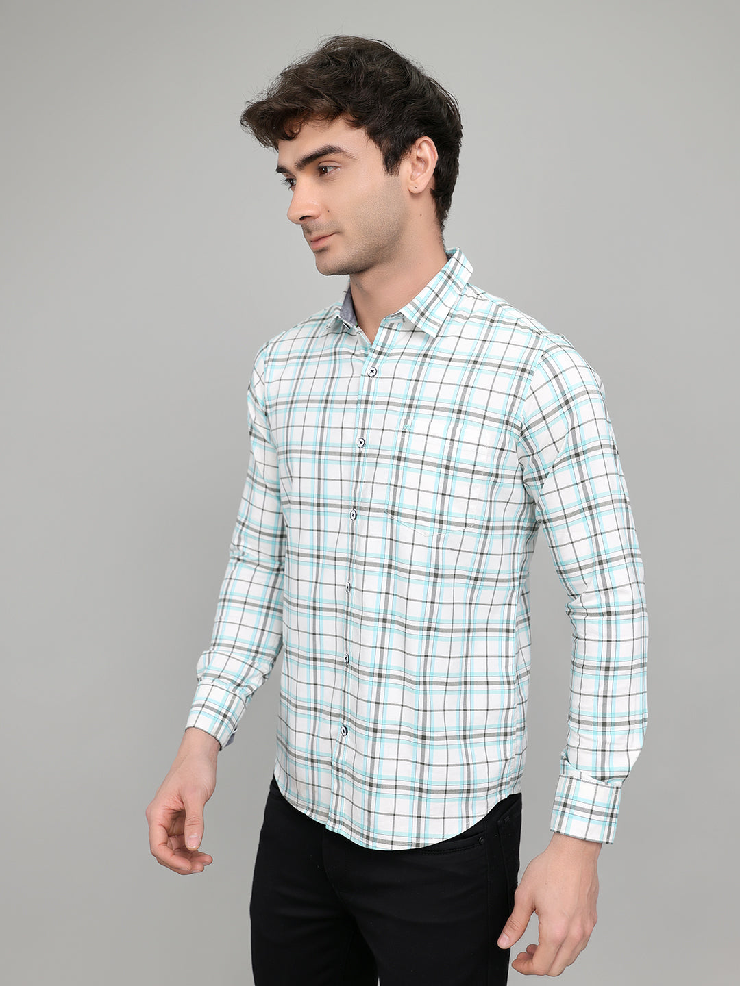 Men White Check Collar Full Sleeve Shirt