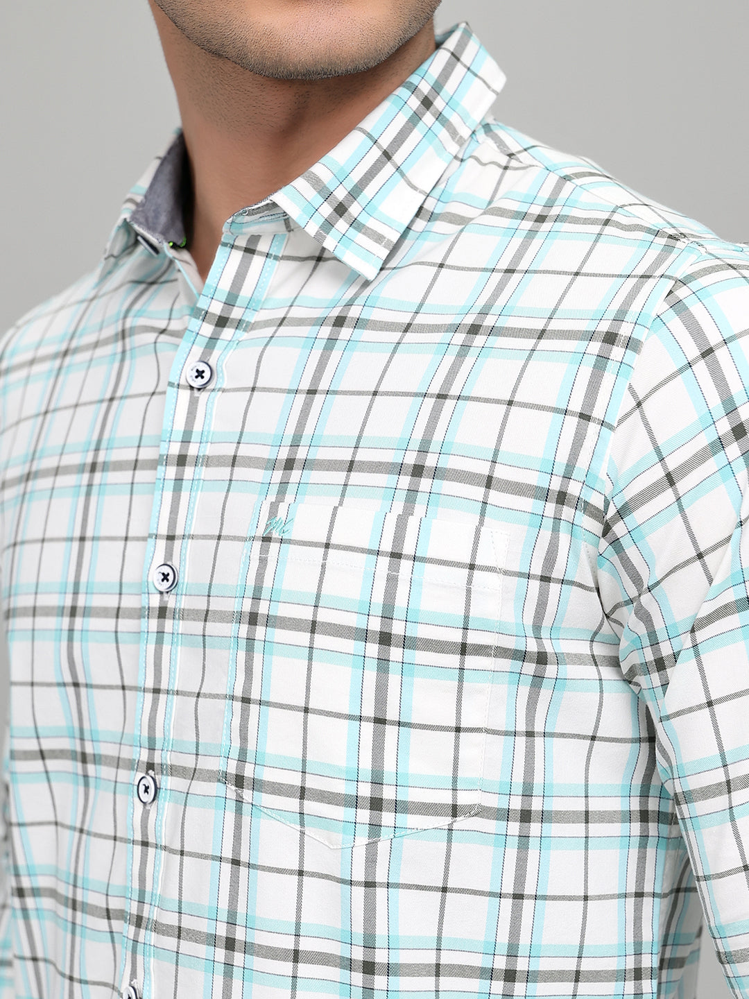 Men White Check Collar Full Sleeve Shirt