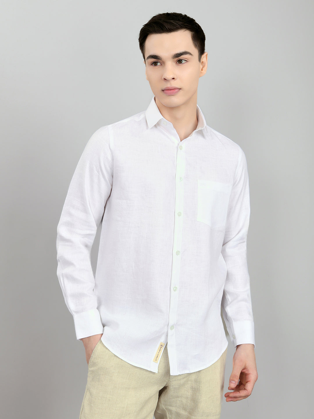 Men White Self Design Collar Full Sleeve Shirt