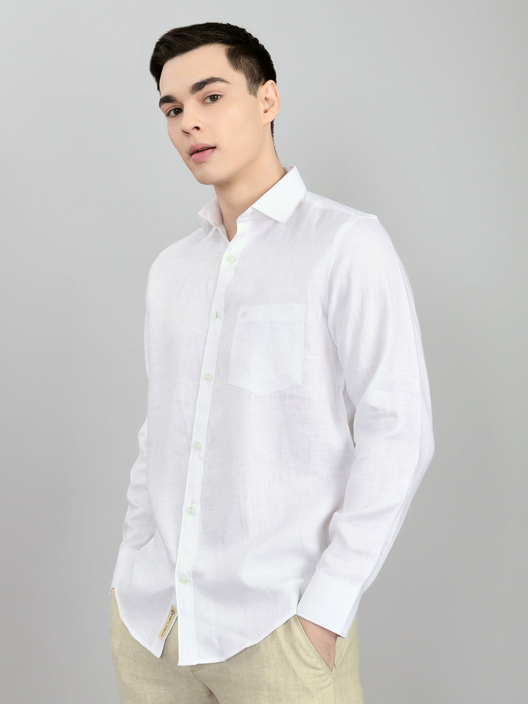 Men White Self Design Collar Full Sleeve Shirt