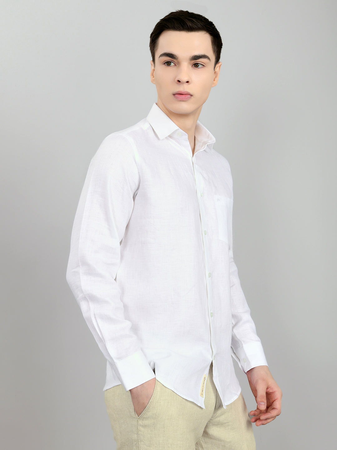 Men White Self Design Collar Full Sleeve Shirt