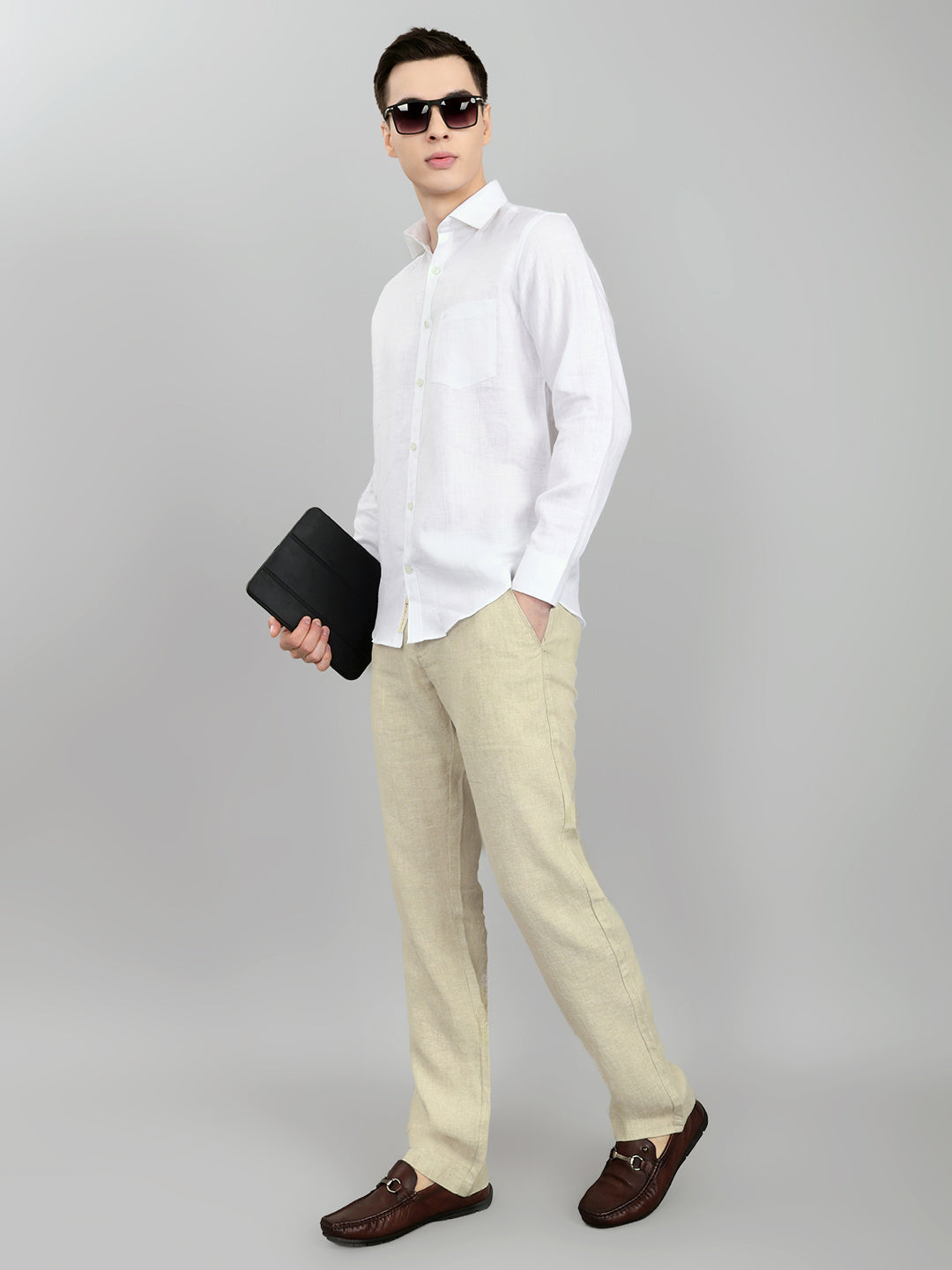 Men White Self Design Collar Full Sleeve Shirt