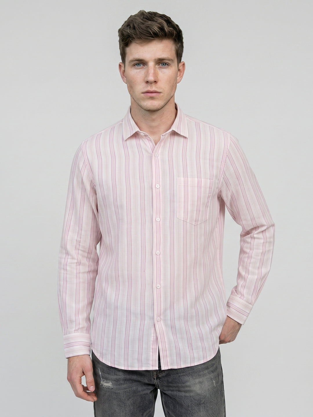 Men Pink Stripe Collar Full Sleeve Shirt