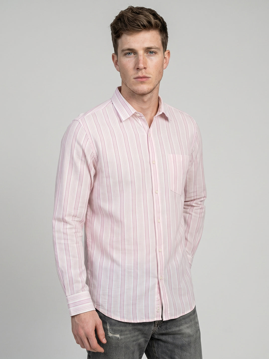 Men Pink Stripe Collar Full Sleeve Shirt