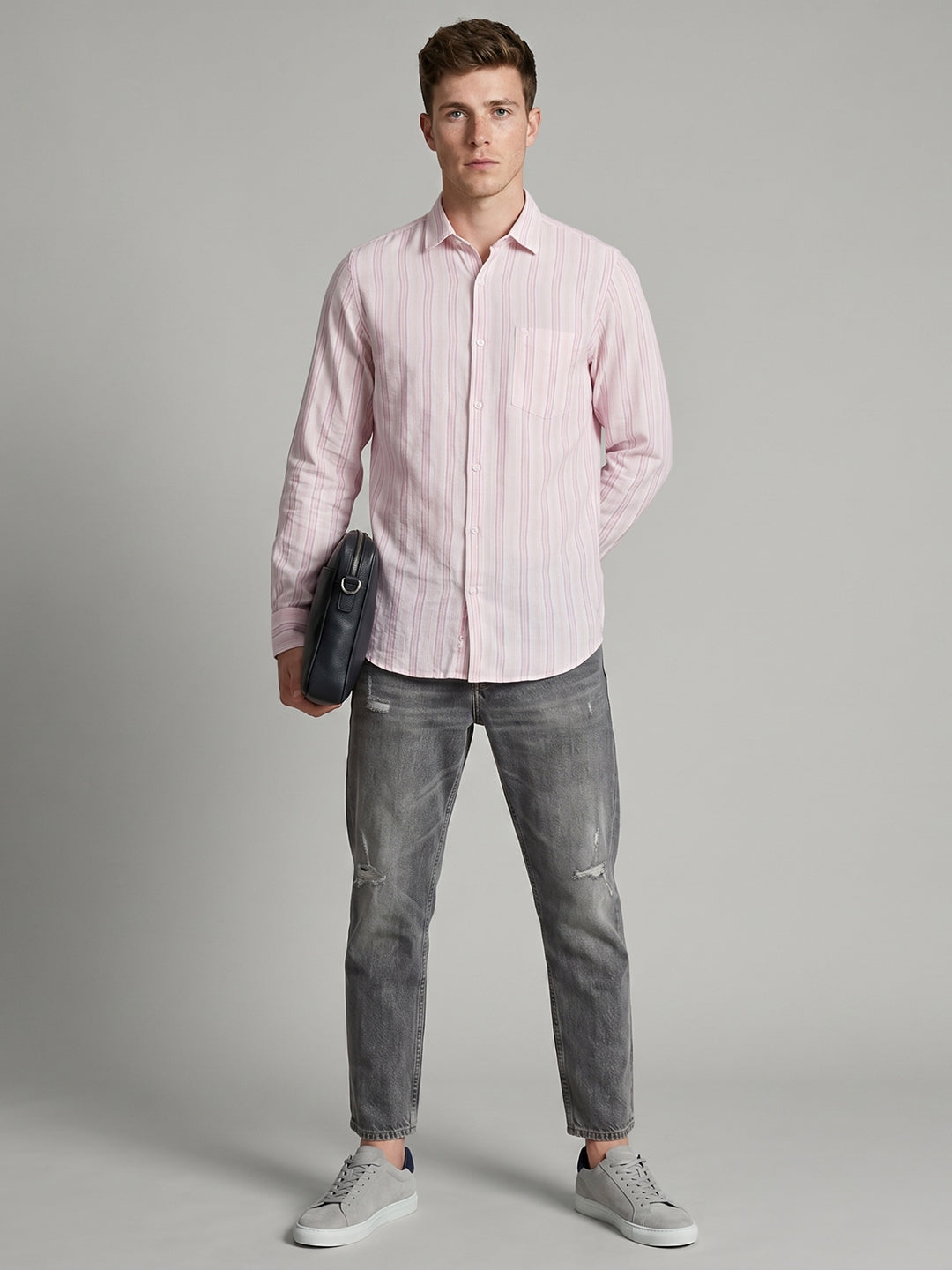 Men Pink Stripe Collar Full Sleeve Shirt