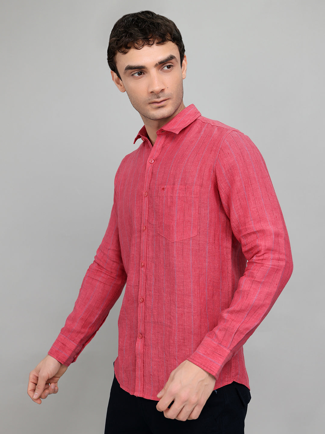 Men Red Stripe Collar Full Sleeve Shirt