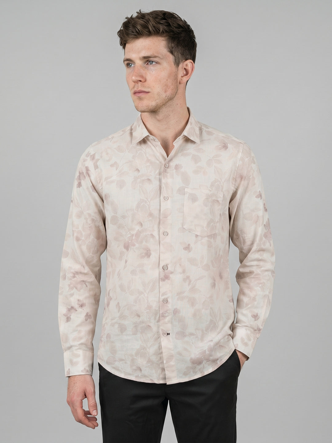 Men Beige Printed Collar Full Sleeve Shirt