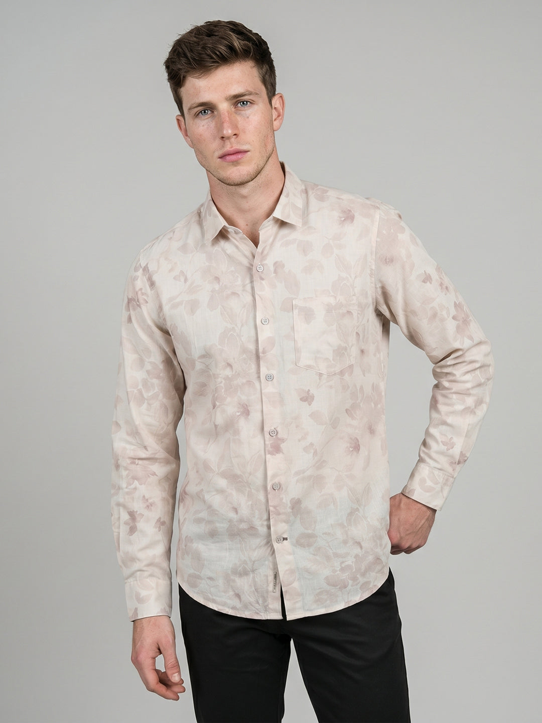Men Beige Printed Collar Full Sleeve Shirt