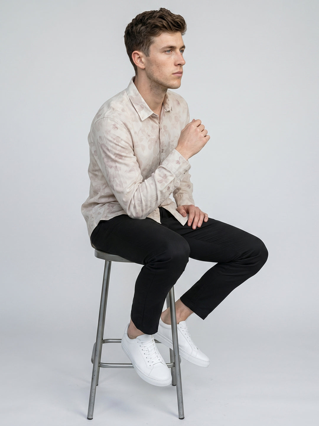 Men Beige Printed Collar Full Sleeve Shirt