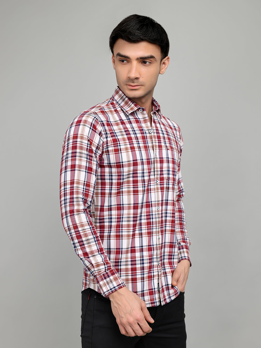 Men Red Check Collar Full Sleeve Shirt