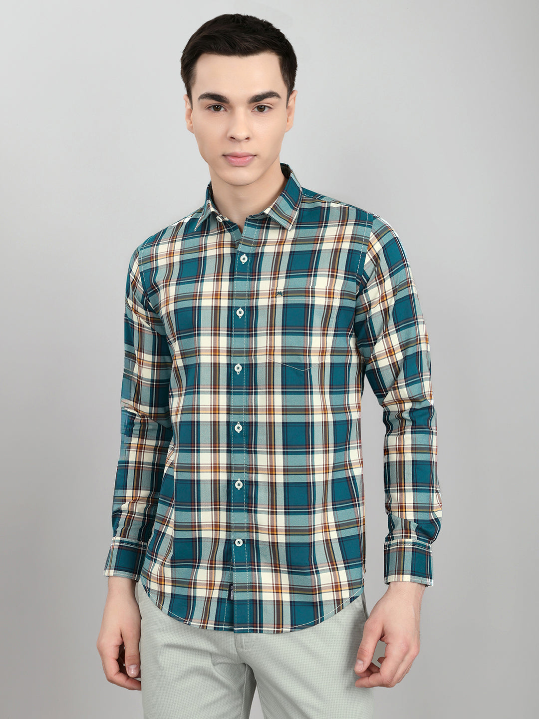 Men Teal Blue Check Collar Full Sleeve Shirt