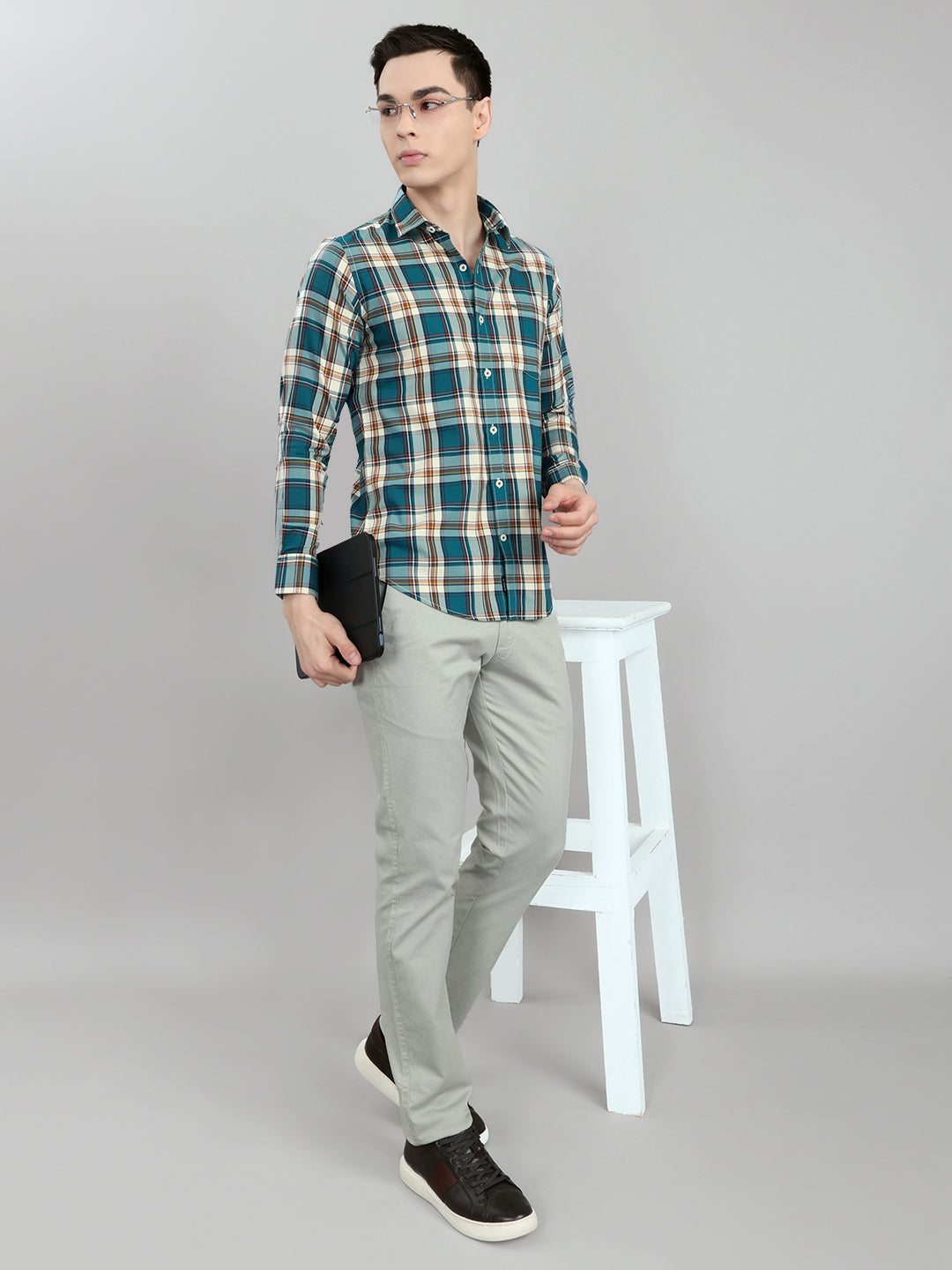 Men Teal Blue Check Collar Full Sleeve Shirt
