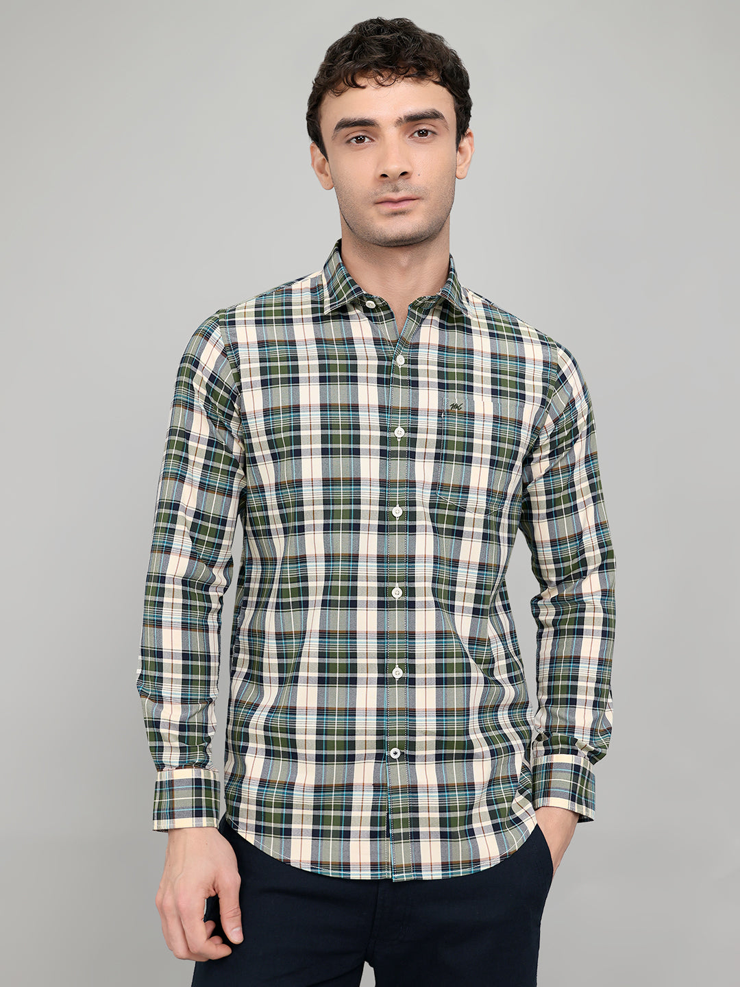 Men Green Check Collar Full Sleeve Shirt