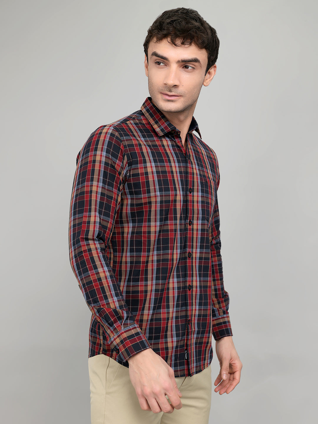 Men Maroon Check Collar Full Sleeve Shirt
