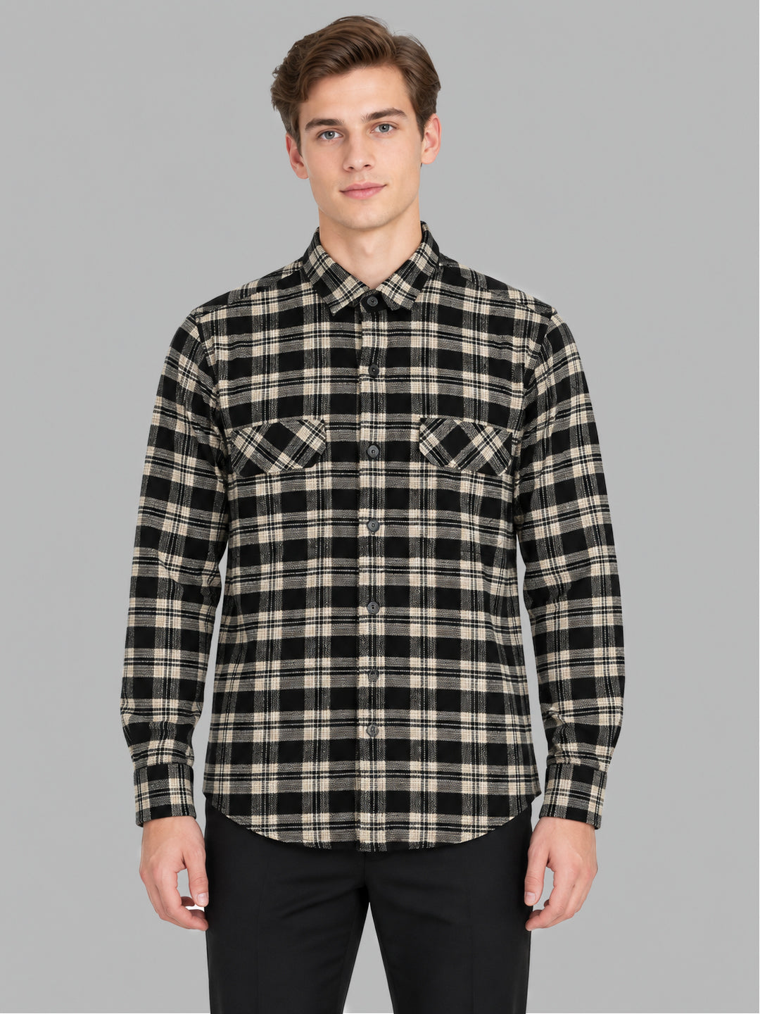 Men Black Check Collar Full Sleeve Shirt