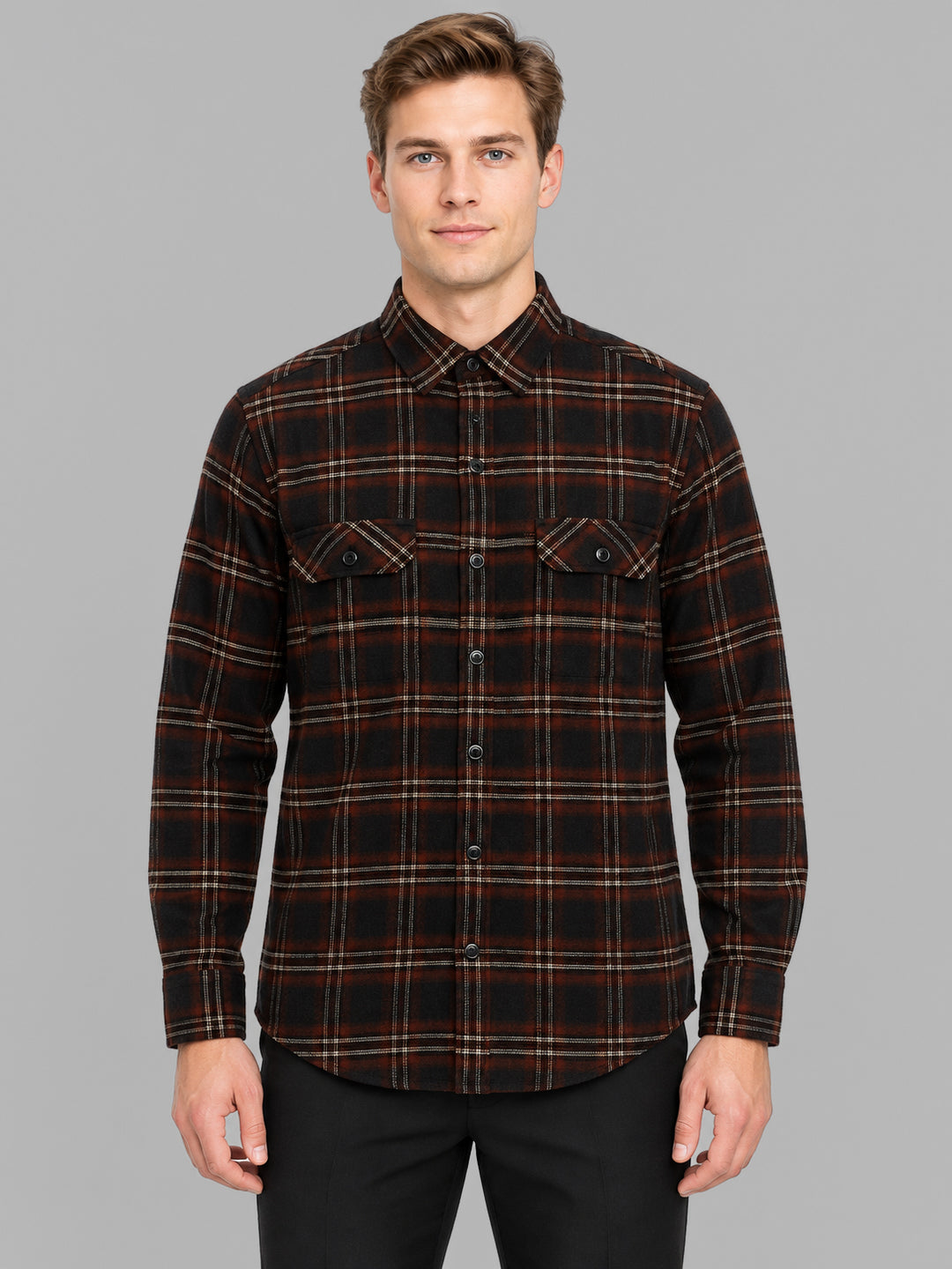 Men Brown Check Collar Full Sleeve Shirt