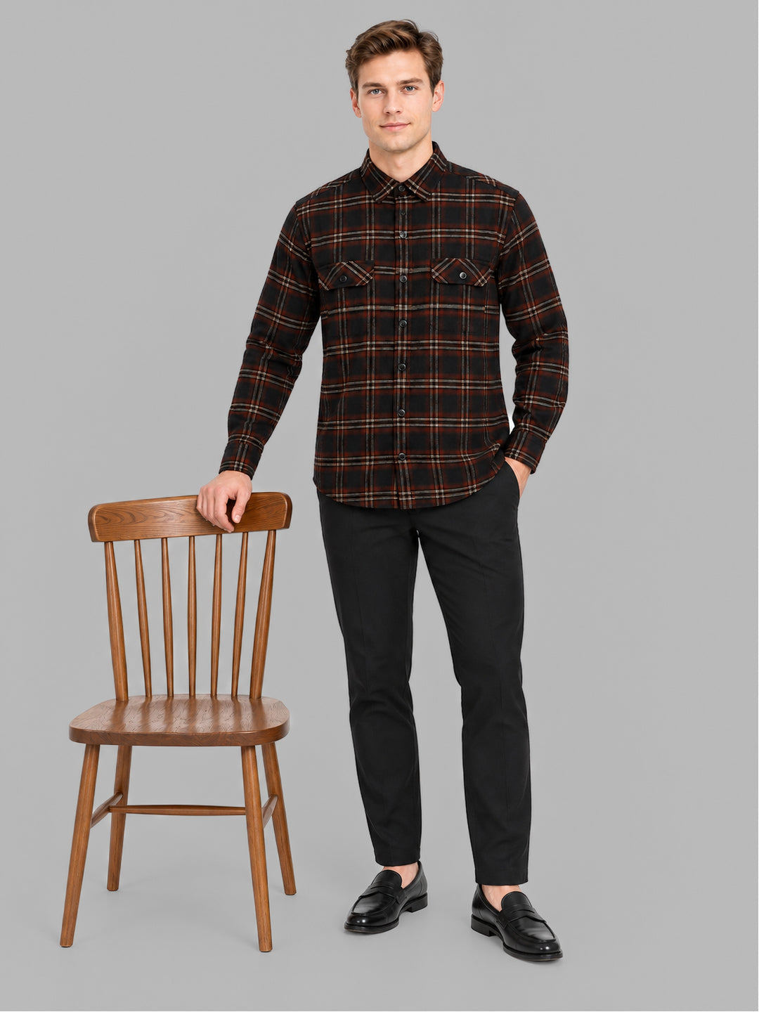 Men Brown Check Collar Full Sleeve Shirt