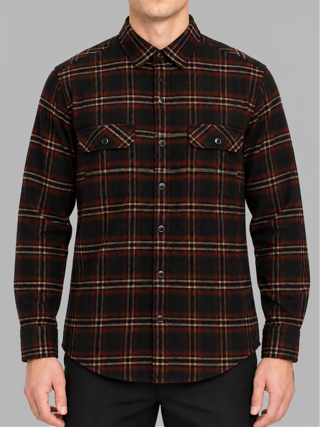Men Brown Check Collar Full Sleeve Shirt
