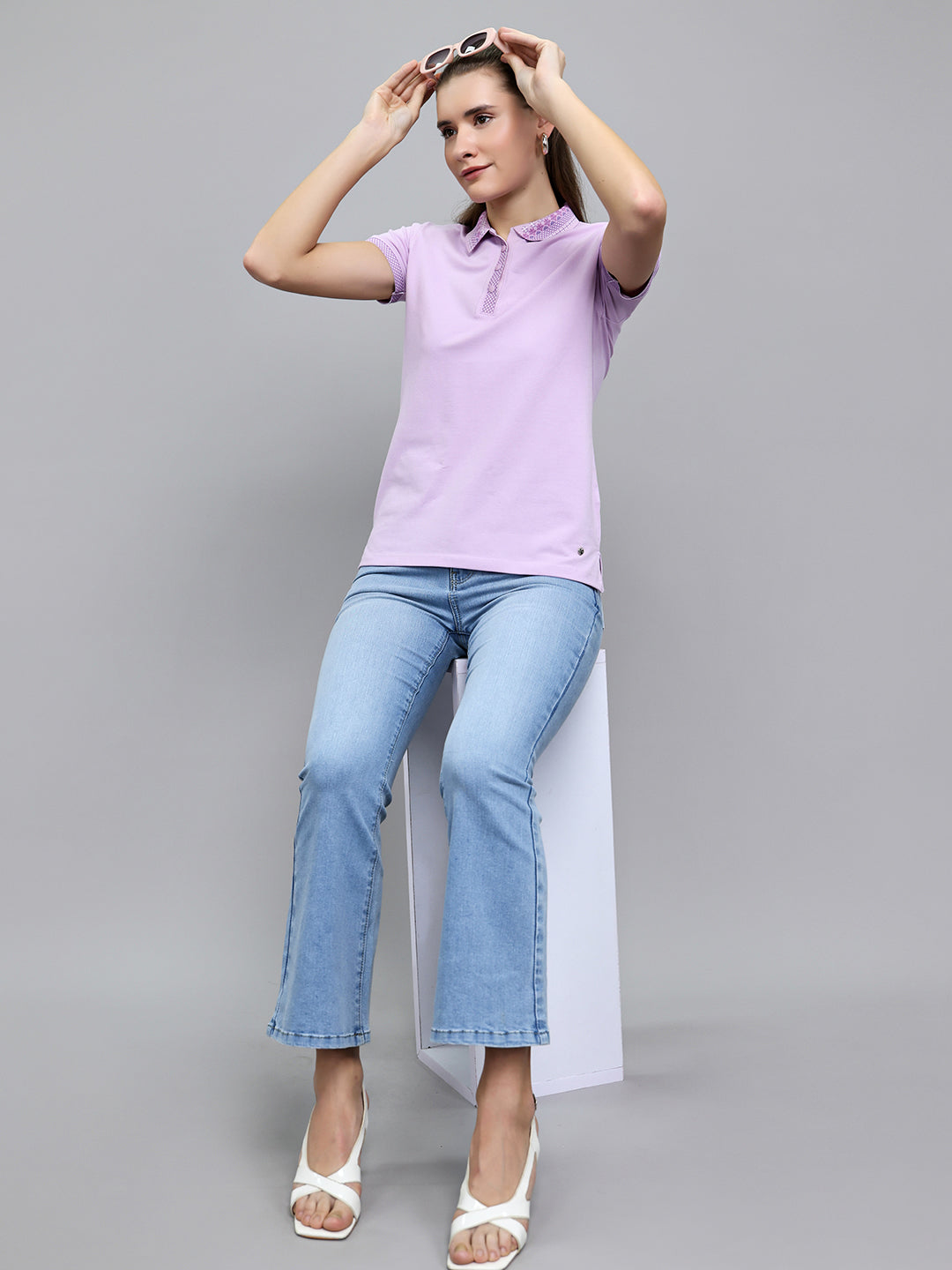 Women Purple Solid Collar Half Sleeve T-Shirt