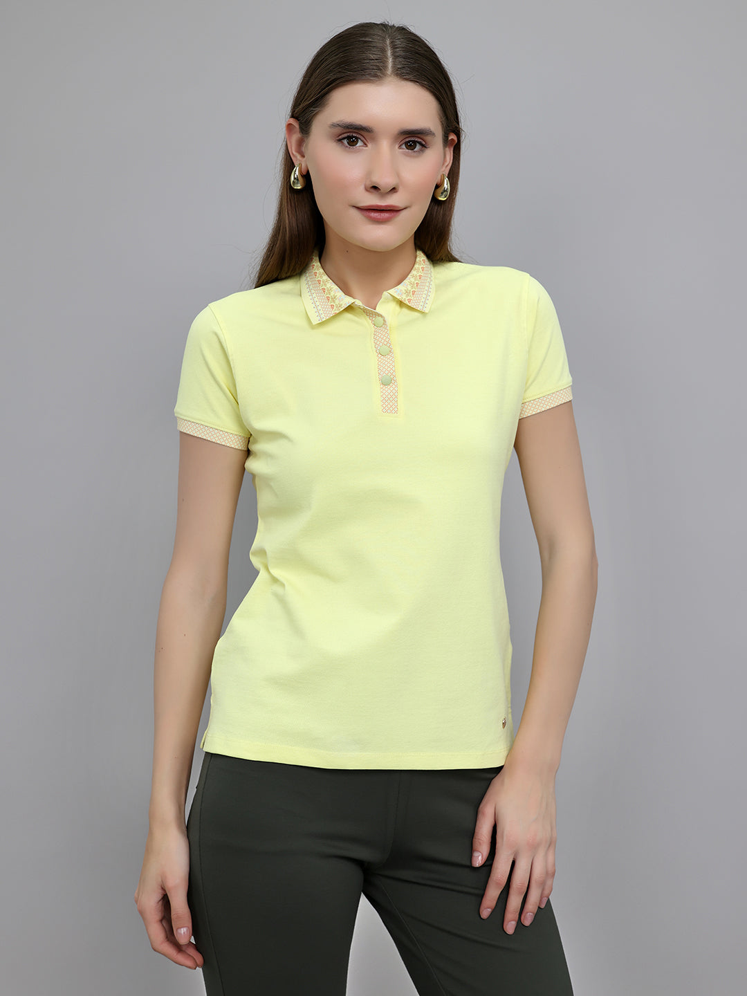 Women Yellow Solid Collar Half Sleeve T-Shirt