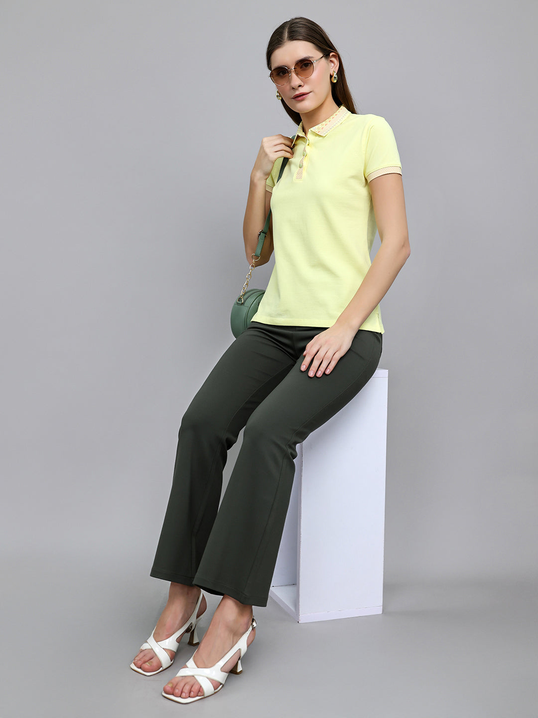 Women Yellow Solid Collar Half Sleeve T-Shirt