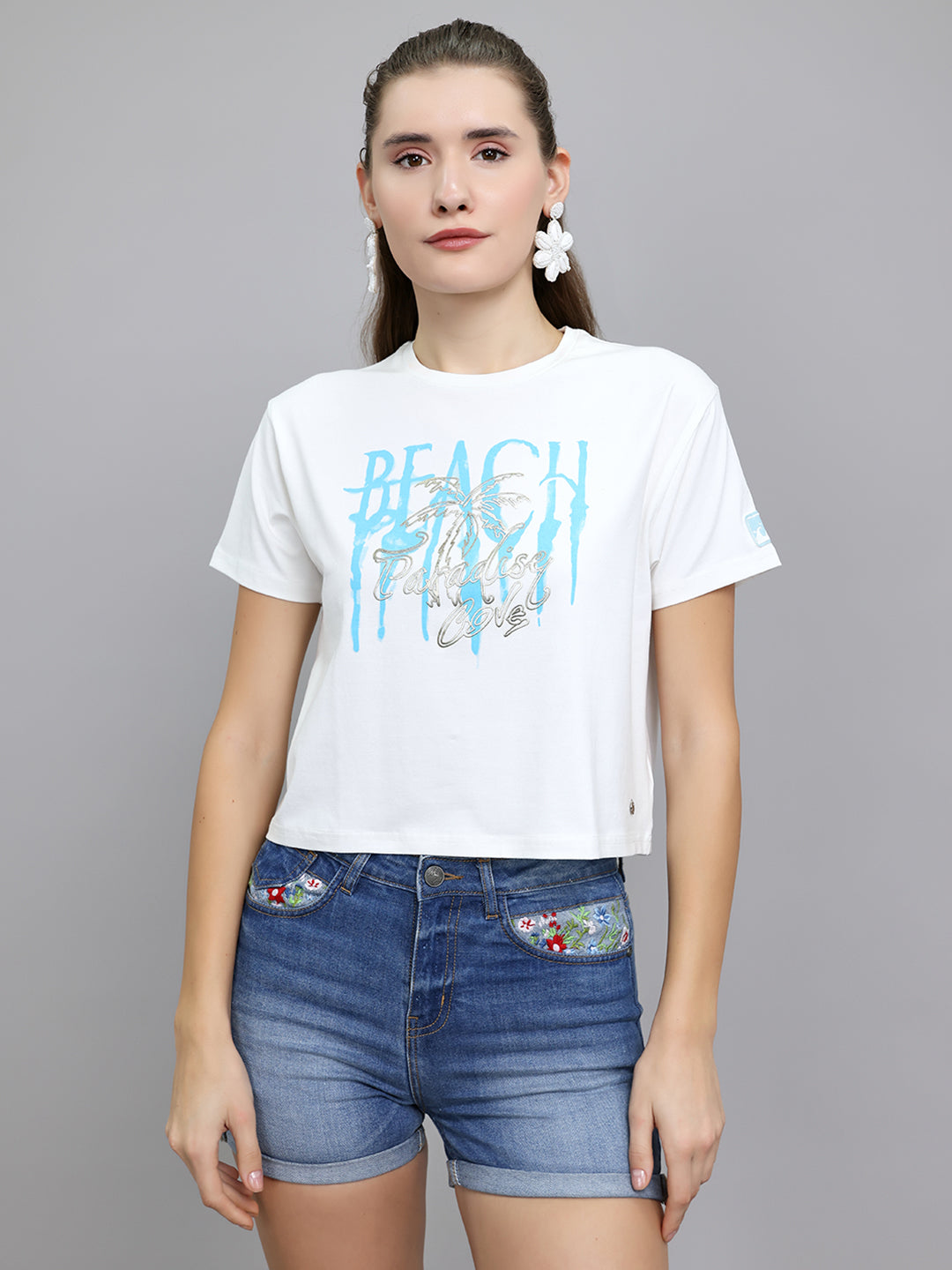 Women Off White Typographic Round Neck Half Sleeve Top