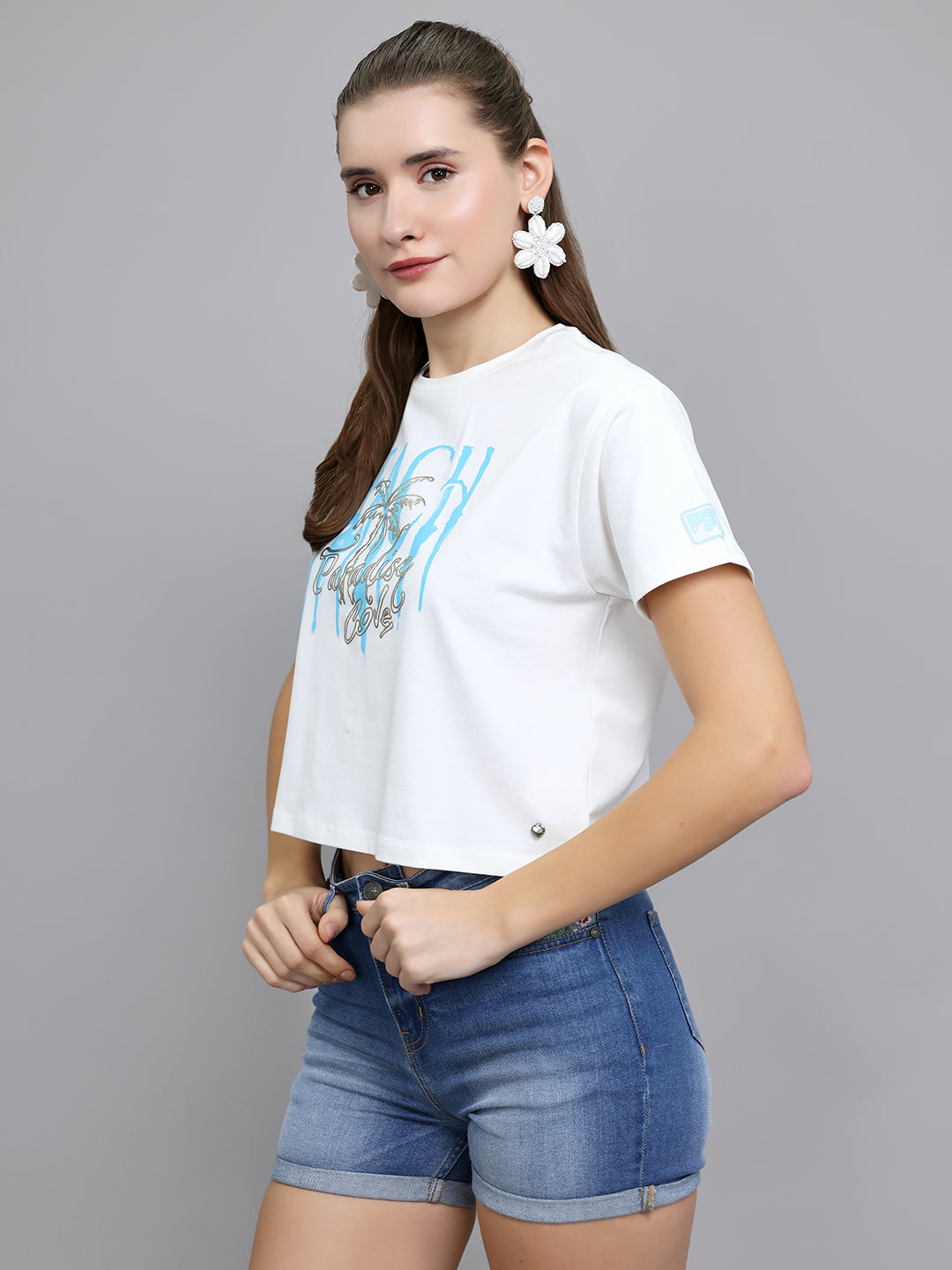 Women Off White Typographic Round Neck Half Sleeve Top