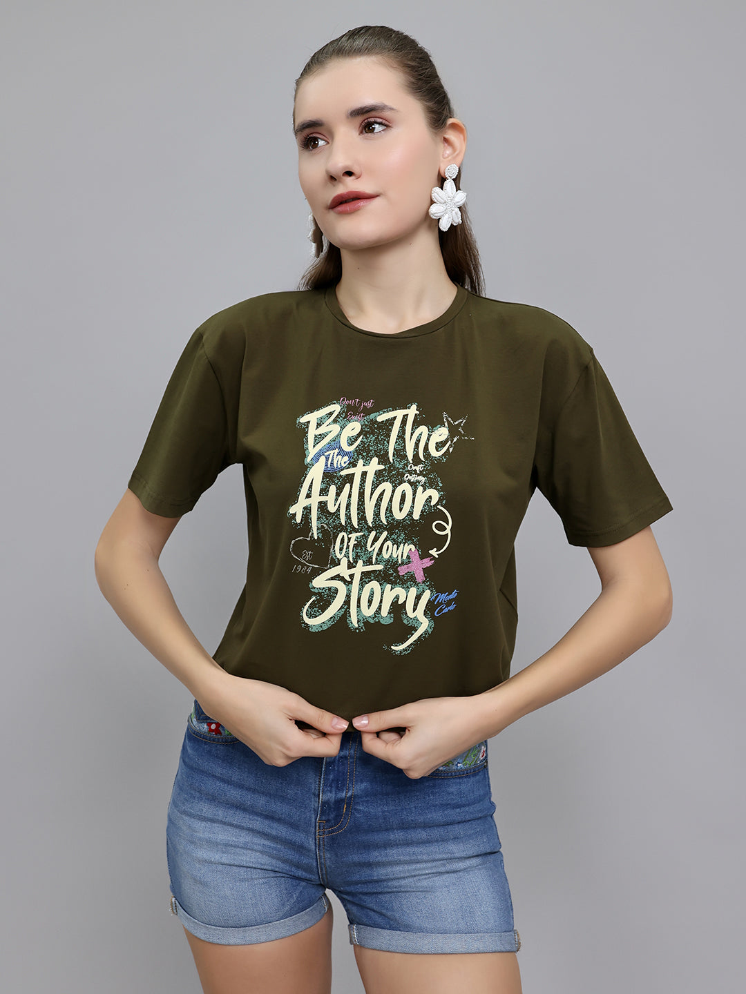 Women Olive Printed Round Neck Half Sleeve Top