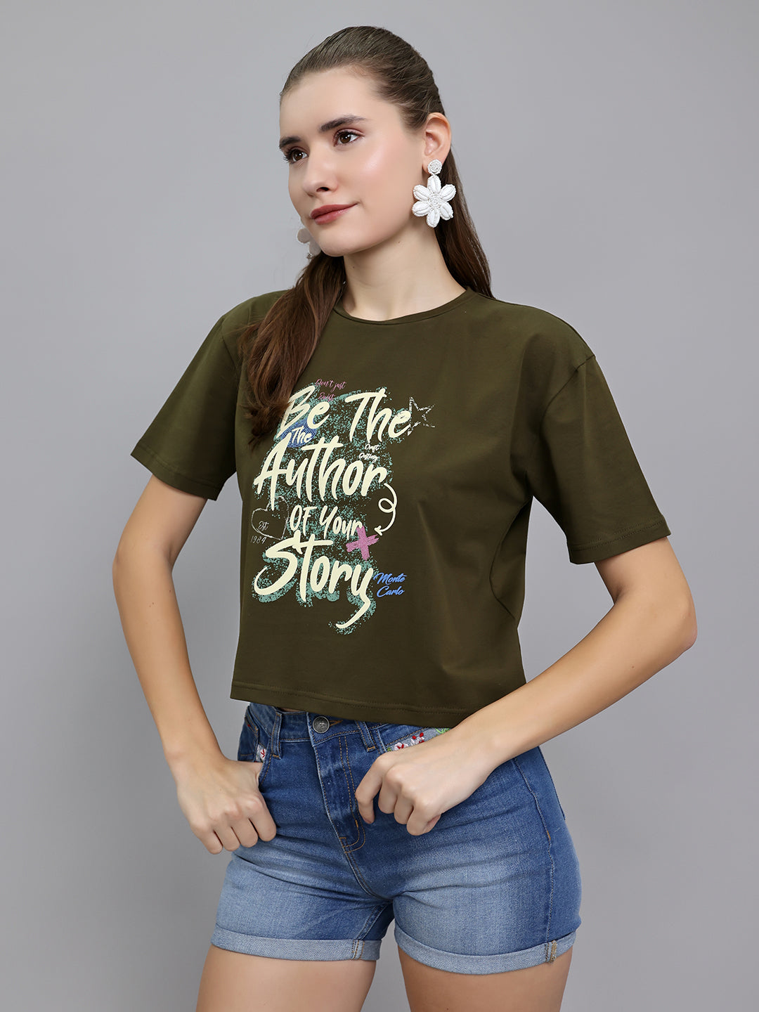 Women Olive Printed Round Neck Half Sleeve Top