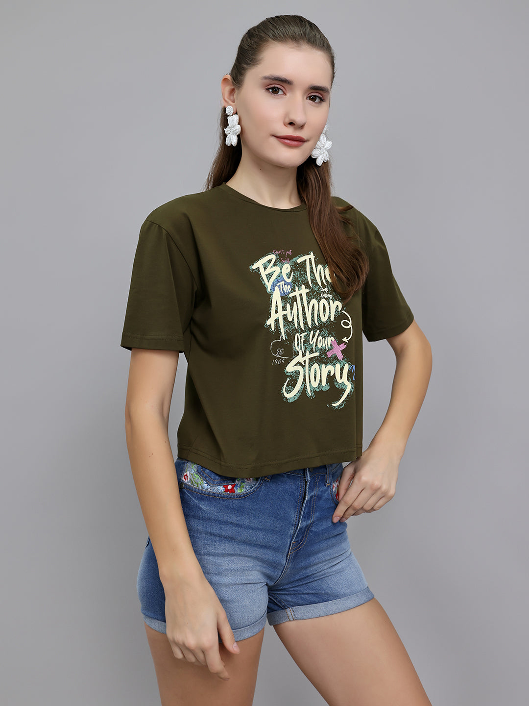 Women Olive Printed Round Neck Half Sleeve Top