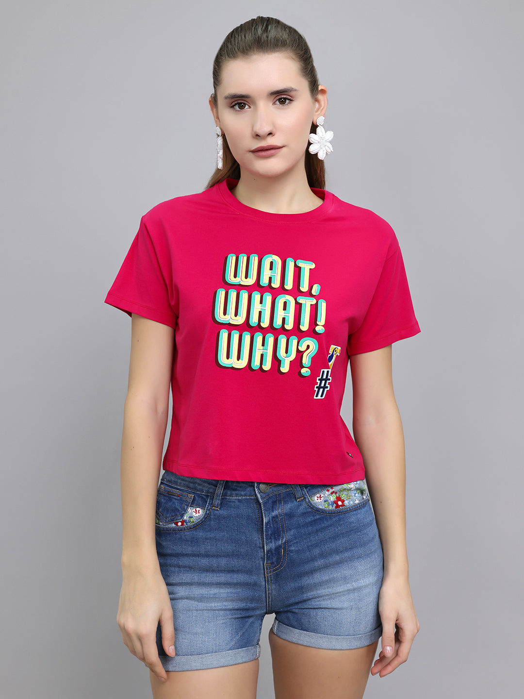 Women Pink Printed Round Neck Half Sleeve Top