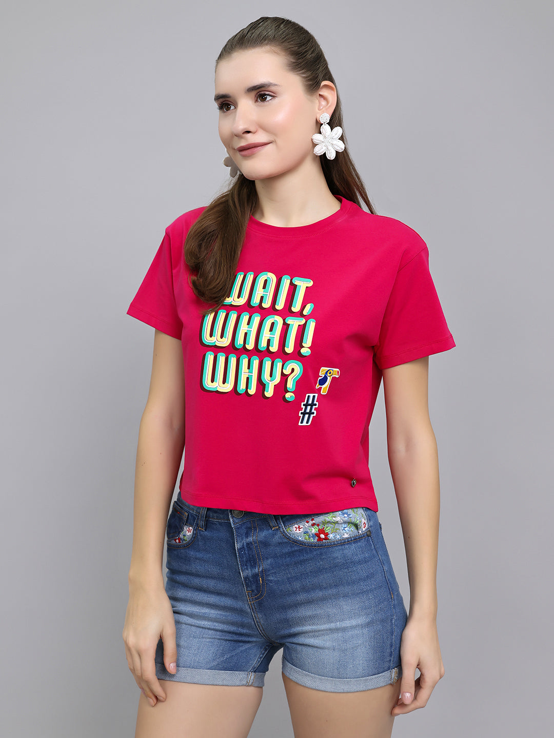 Women Pink Printed Round Neck Half Sleeve Top