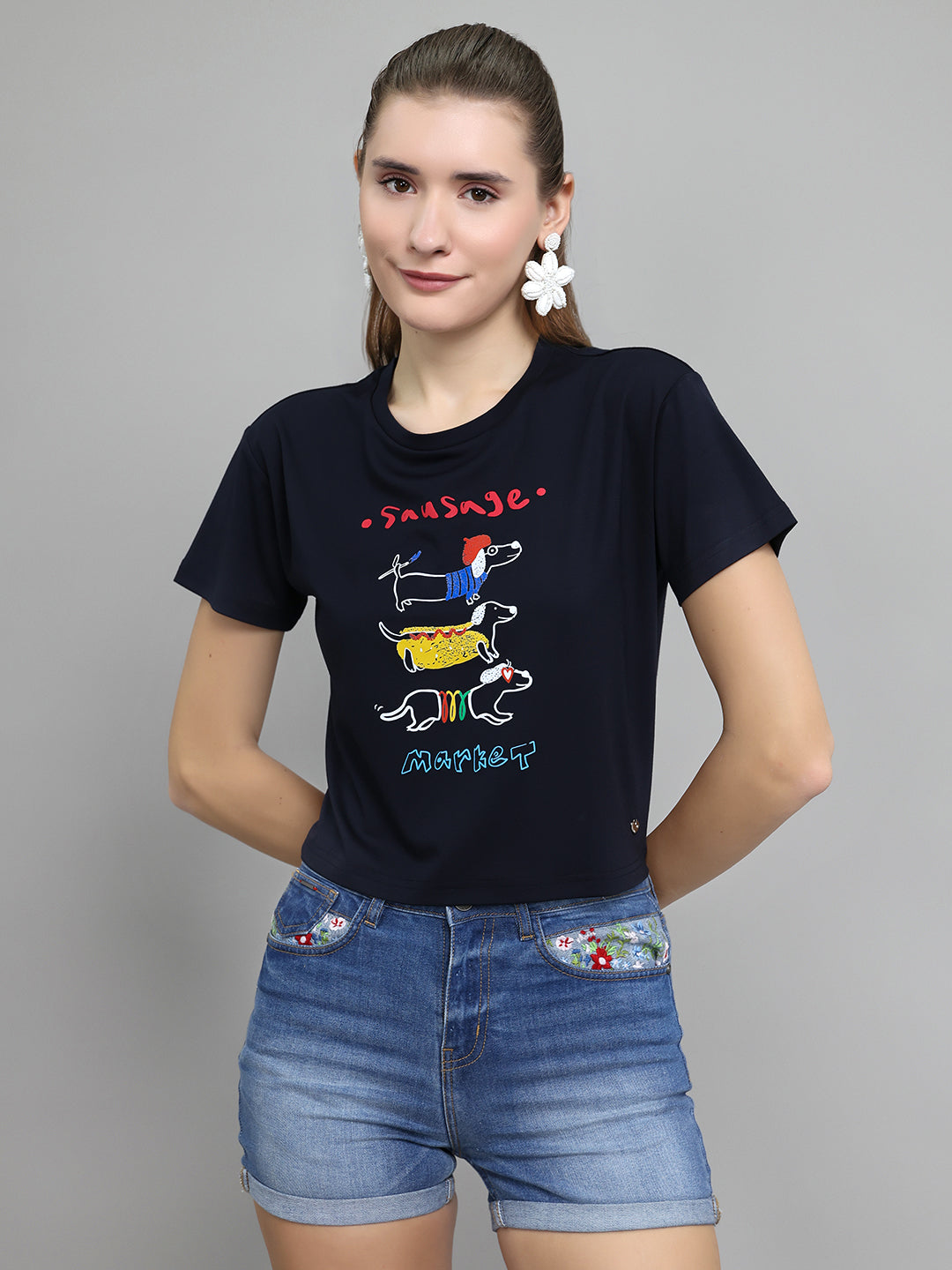 Women Navy Blue Typographic Round Neck Half Sleeve Top