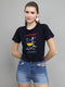 Women Navy Blue Typographic Round Neck Half Sleeve Top