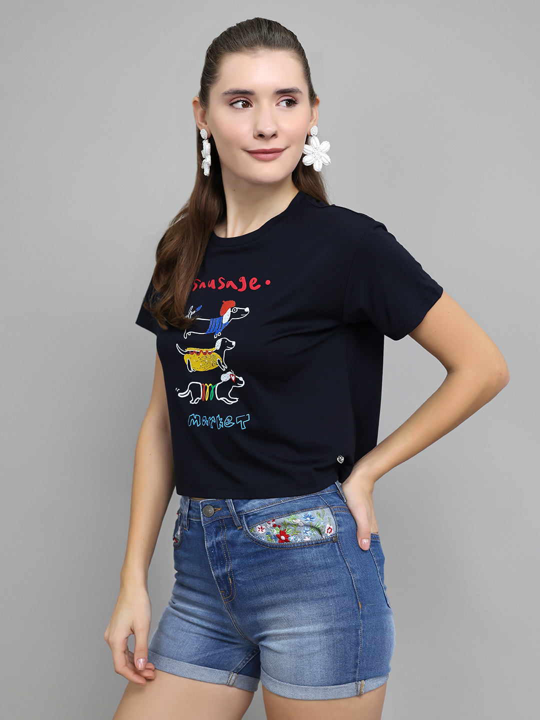 Women Navy Blue Typographic Round Neck Half Sleeve Top