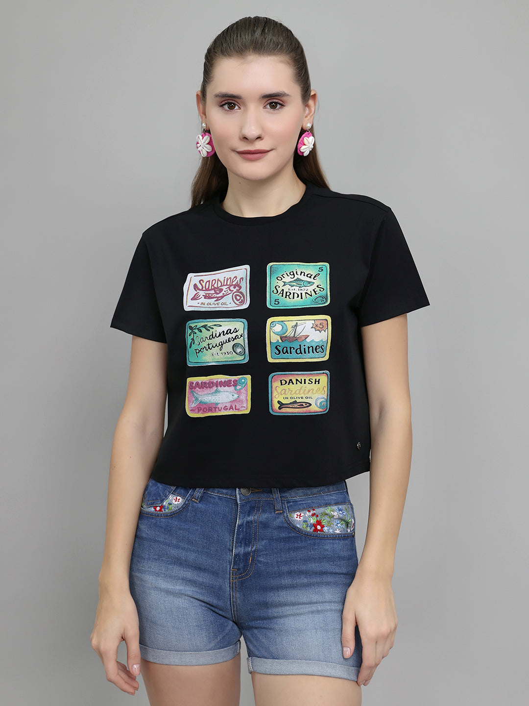 Women Black Printed Round Neck Half Sleeve Top