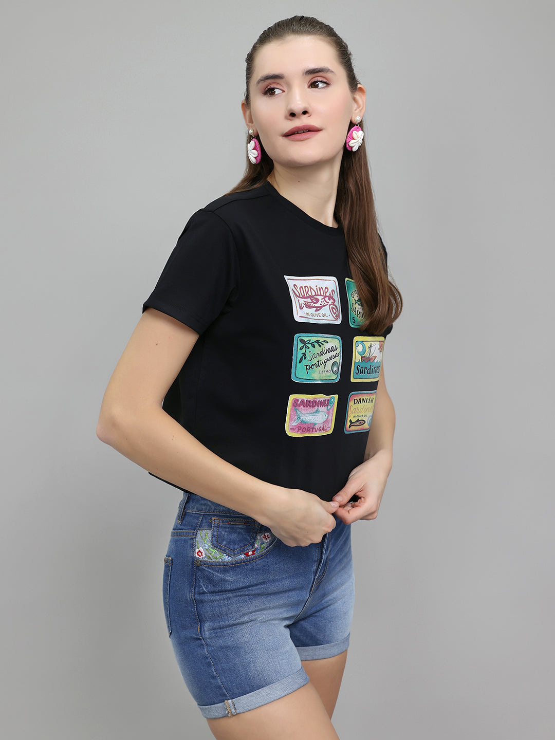 Women Black Printed Round Neck Half Sleeve Top