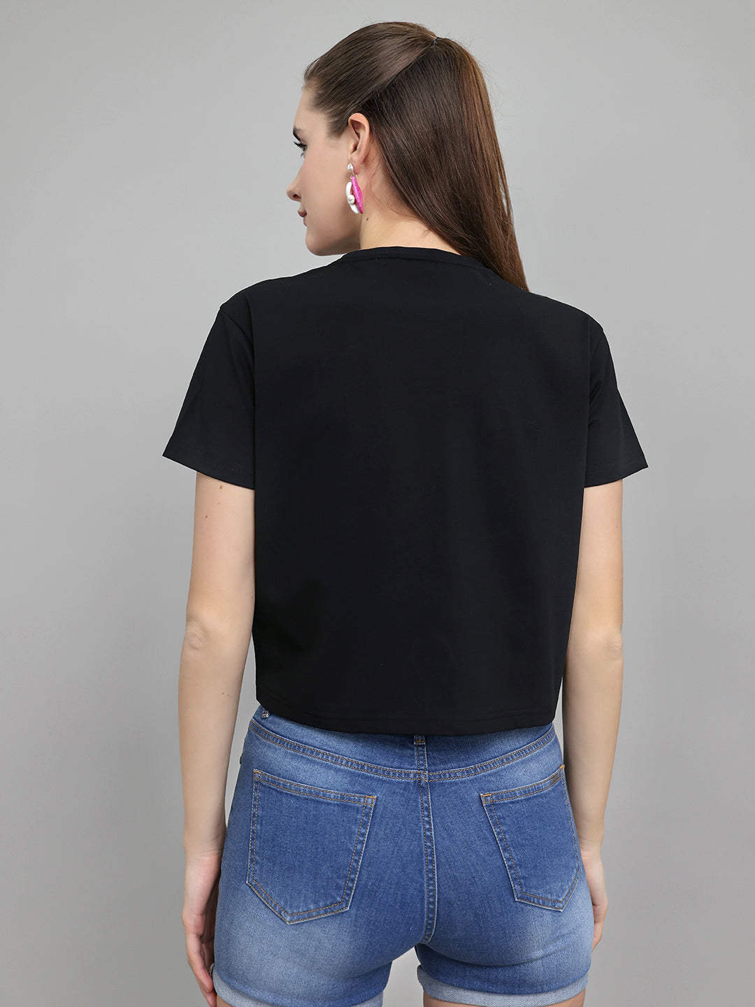 Women Black Printed Round Neck Half Sleeve Top