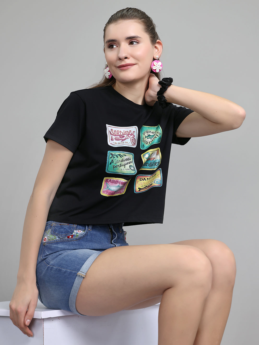 Women Black Printed Round Neck Half Sleeve Top