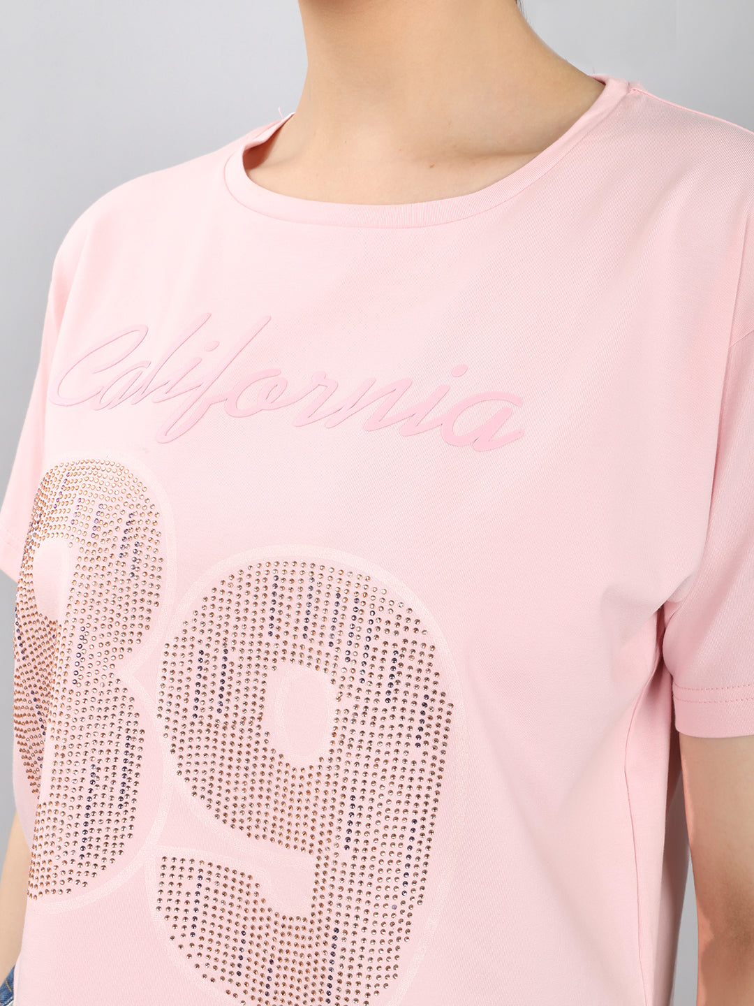 Women Pink Printed Round Neck Half Sleeve Crop Top