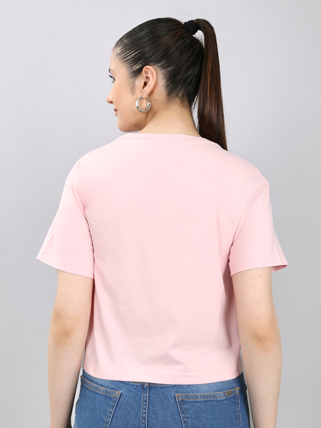 Women Pink Printed Round Neck Half Sleeve Crop Top