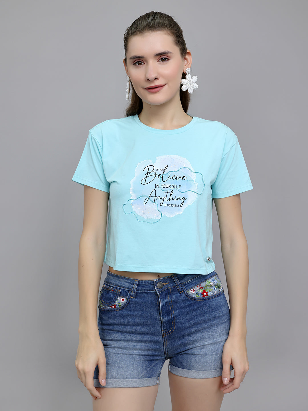 Women Aqua Blue Printed Round Neck Half Sleeve Top