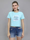 Women Aqua Blue Printed Round Neck Half Sleeve Top