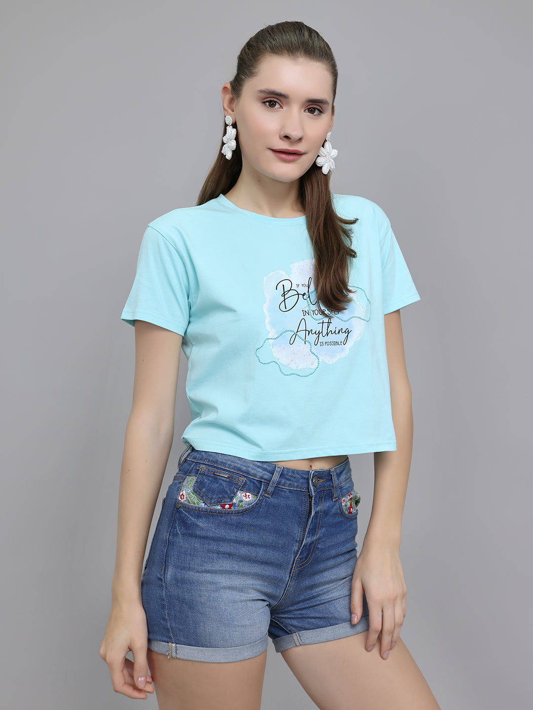 Women Aqua Blue Printed Round Neck Half Sleeve Top